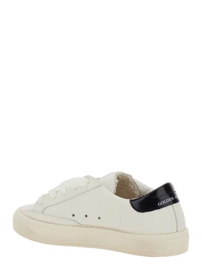 Golden Goose May White Low Top Sneakers With Glittered Star Patch And Contrasting Heel With Logo Lettering In Lea In White