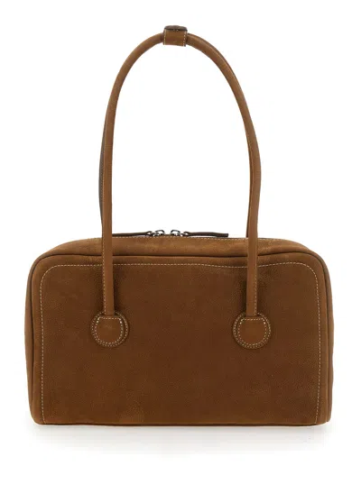 Margesherwood Boston Beige Shoulder Bag With Embossed Logo Lettering On The Front In Leather Woman In Brown