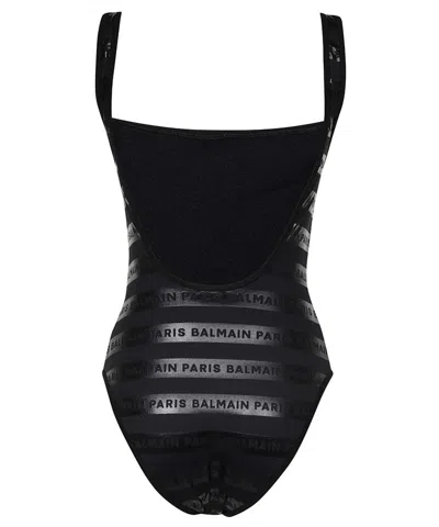Balmain Black Striped One-piece Swimsuit In Black