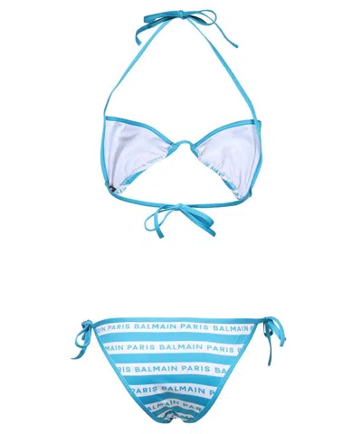 Balmain Striped Logo-print Halterneck Bikini In Blue