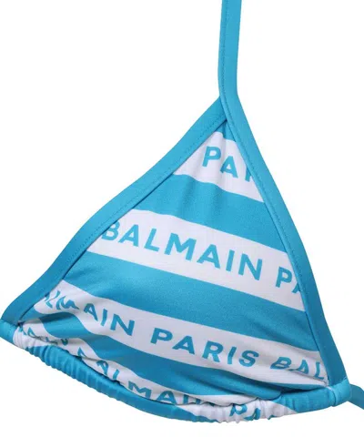 Balmain Striped Logo-print Halterneck Bikini In Blue