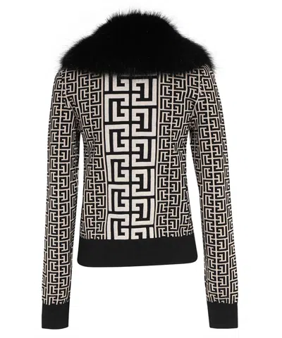 Balmain Fur Collar Monogram Knit Bomber Jacket In Black