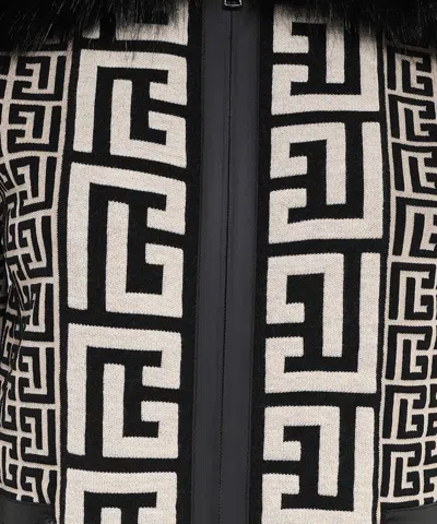 Balmain Fur Collar Monogram Knit Bomber Jacket In Black