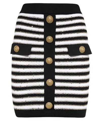 Balmain Button-embellished Metallic Striped Knitted Mini Skirt