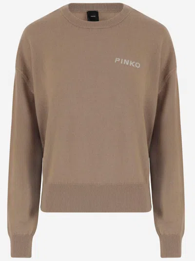 Pinko Crew Neck Knitwear Sweater With Logo Detail In Brown
