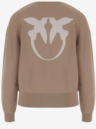 Pinko Crew Neck Knitwear Sweater With Logo Detail In Brown