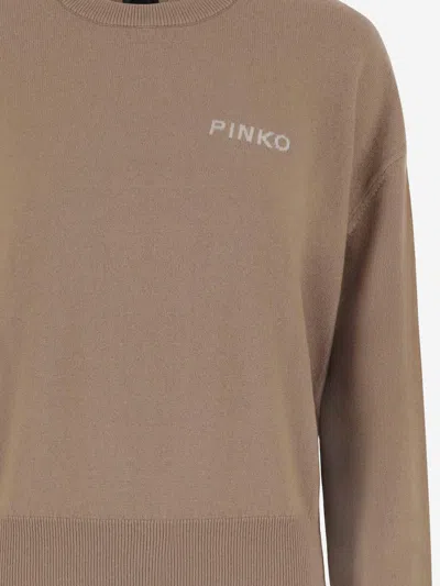 Pinko Crew Neck Knitwear Sweater With Logo Detail In Brown
