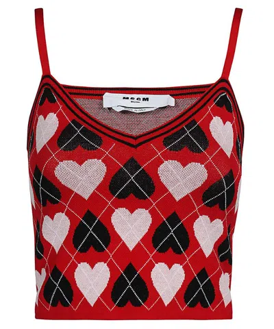 Msgm Heart-pattern Knitted Top In Red