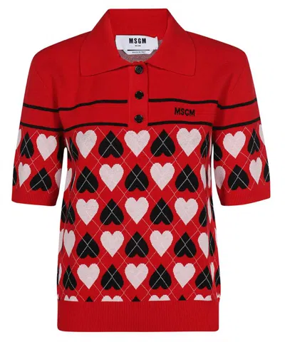Msgm Jacquard Knit Polo Shirt In Red