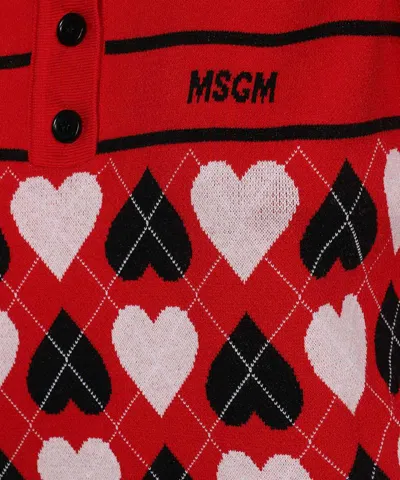 Msgm Jacquard Knit Polo Shirt In Red