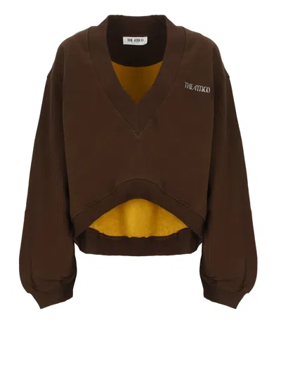 Attico Cropped V-neck Sweatshirt With Ribbed Cuffs And Hem In Brown