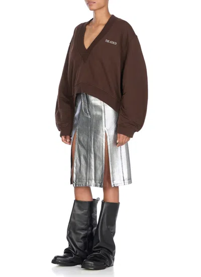 Attico Cropped V-neck Sweatshirt With Ribbed Cuffs And Hem In Brown