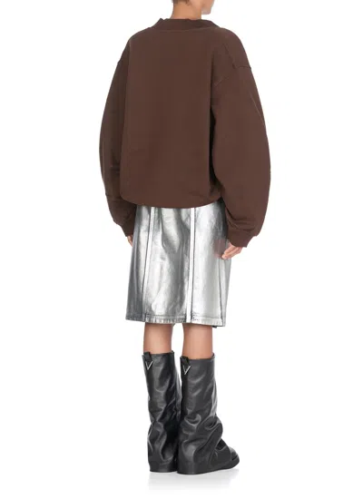 Attico Cropped V-neck Sweatshirt With Ribbed Cuffs And Hem In Brown
