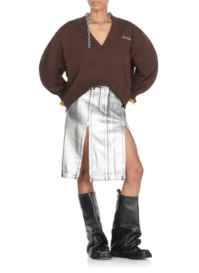 Attico Cropped V-neck Sweatshirt With Ribbed Cuffs And Hem In Brown