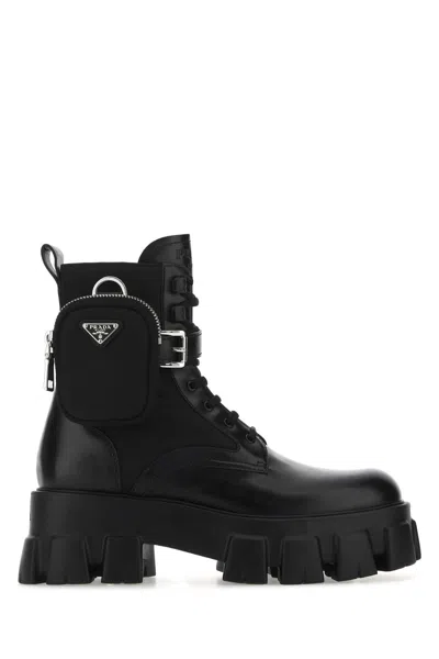 Prada Black Leather And Re-nylon Monolith Ankle Boots