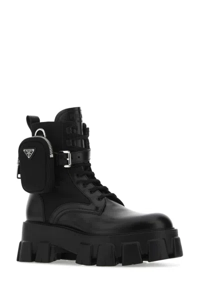 Prada Black Leather And Re-nylon Monolith Ankle Boots