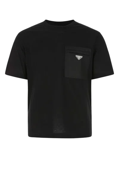 Prada Cotton T-shirt With Nylon Pocket In Black