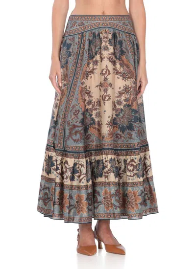 Zimmermann Womens Blue Cream Indienne Ascension Tiered Silk Midi Skirt Xs In Brown
