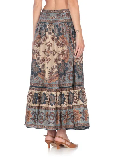 Zimmermann Womens Blue Cream Indienne Ascension Tiered Silk Midi Skirt Xs In Brown
