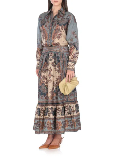 Zimmermann Womens Blue Cream Indienne Ascension Tiered Silk Midi Skirt Xs In Brown