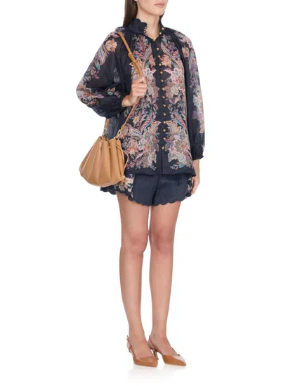 Zimmermann Rhiannon Blue Shorts With Removable Belt And Floral Embroidery On The Side In Linen Woman In Black