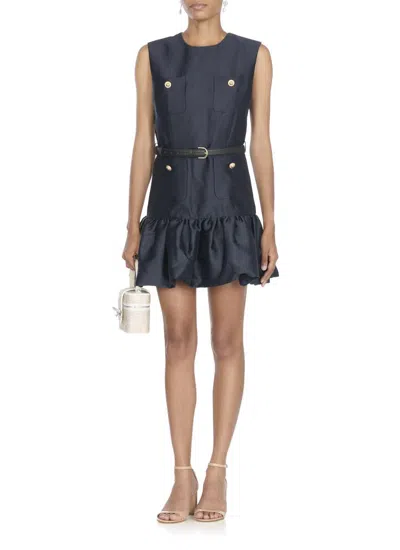 Self-portrait Crew Neck Taffeta Mini Dress With Ruffled Hem In Blue