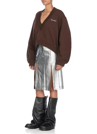 Attico Cropped V-neck Sweatshirt With Ribbed Cuffs And Hem In Brown