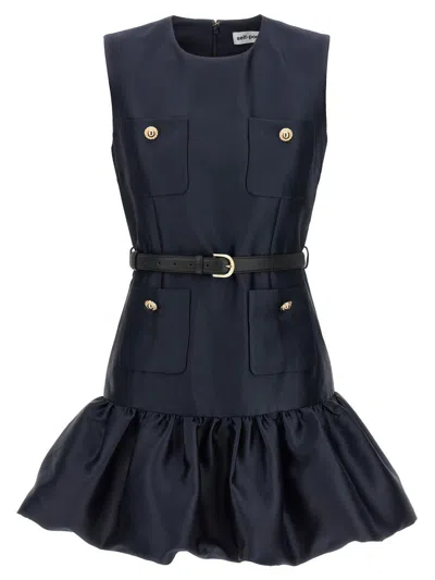 Self-portrait Crew Neck Taffeta Mini Dress With Ruffled Hem In Blue