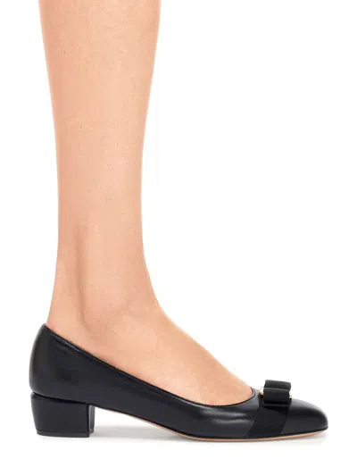 Ferragamo Nappa Leather Pumps Vara Block Heel Bow In Blue