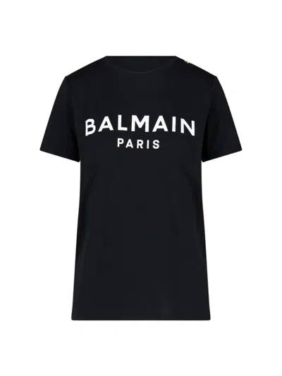Balmain Black Crewneck T-shirt With Logo Print And Golden Buttons In Jersey Woman