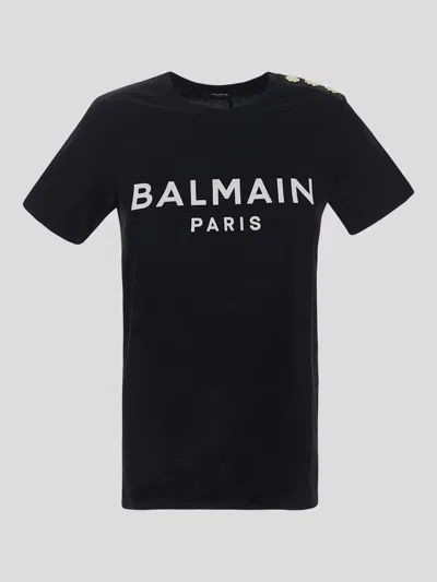 Balmain Black Crewneck T-shirt With Logo Print And Golden Buttons In Jersey Woman