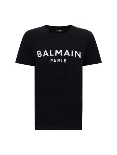 Balmain Black Crewneck T-shirt With Logo Print And Golden Buttons In Jersey Woman