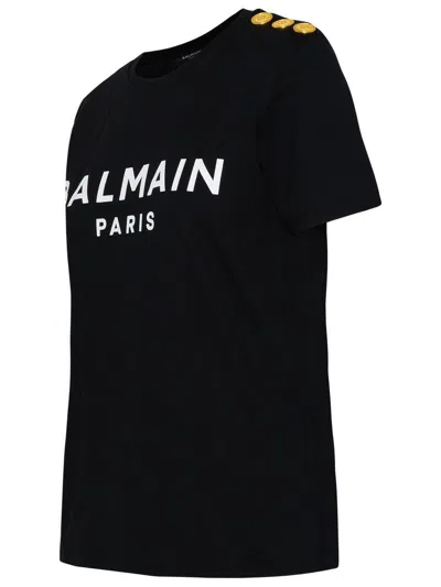 Balmain Black Crewneck T-shirt With Logo Print And Golden Buttons In Jersey Woman