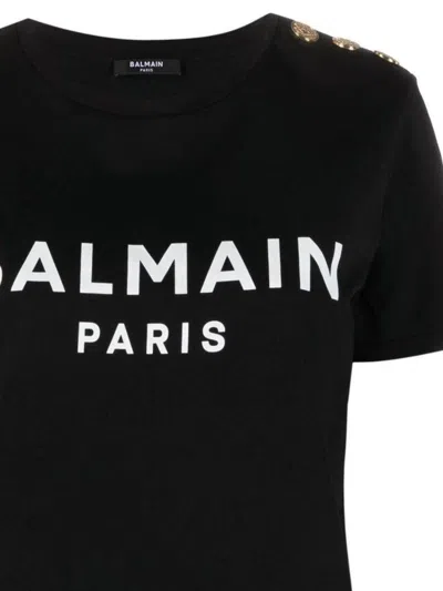 Balmain Black Crewneck T-shirt With Logo Print And Golden Buttons In Jersey Woman