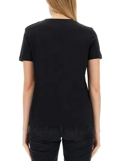 Balmain Black Crewneck T-shirt With Logo Print And Golden Buttons In Jersey Woman