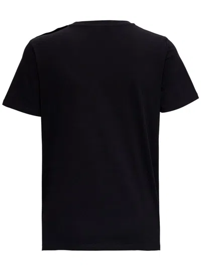Balmain Black Crewneck T-shirt With Logo Print And Golden Buttons In Jersey Woman