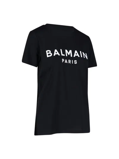 Balmain Black Crewneck T-shirt With Logo Print And Golden Buttons In Jersey Woman