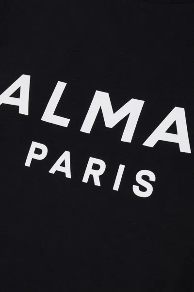 Balmain Black Crewneck T-shirt With Logo Print And Golden Buttons In Jersey Woman