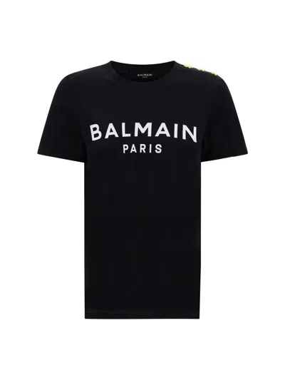 Balmain Black Crewneck T-shirt With Logo Print And Golden Buttons In Jersey Woman