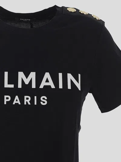 Balmain Black Crewneck T-shirt With Logo Print And Golden Buttons In Jersey Woman