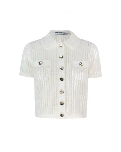 Self-portrait Ribbed Knit Cropped Polo Top In White