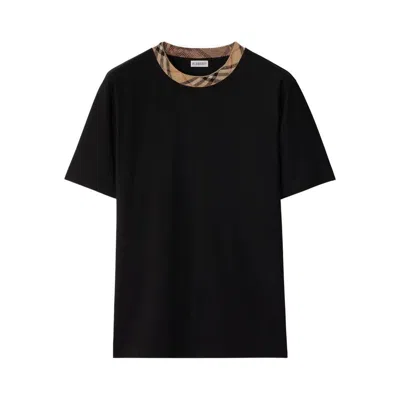 Burberry Black Cotton T-shirt With Check Finishes Men In Black