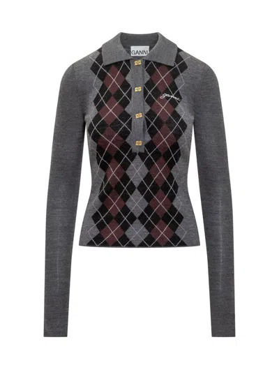 Ganni Grey Sweater With Classic Collar And Check Motif On The Front In Gray