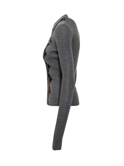 Ganni Grey Sweater With Classic Collar And Check Motif On The Front In Gray