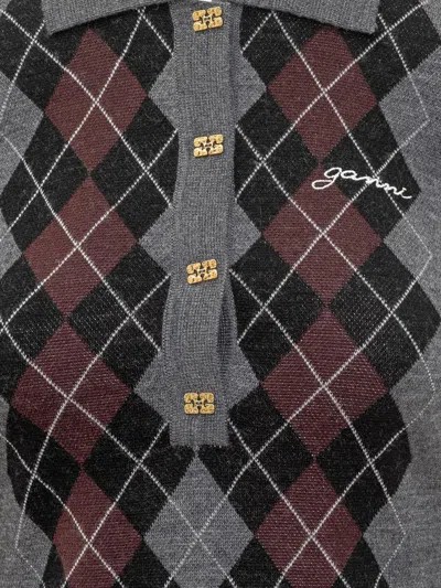 Ganni Grey Sweater With Classic Collar And Check Motif On The Front In Gray