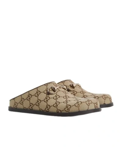 Gucci Gg Monogram Horsebit Flat Mules In Brown