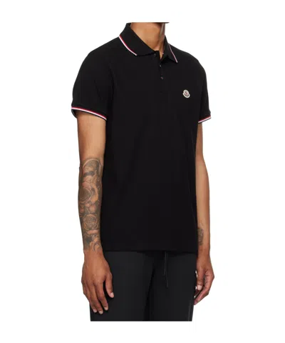 Moncler Cotton Piquet Polo Shirt With Tricolour Finishes In Black