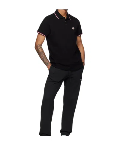 Moncler Cotton Piquet Polo Shirt With Tricolour Finishes In Black