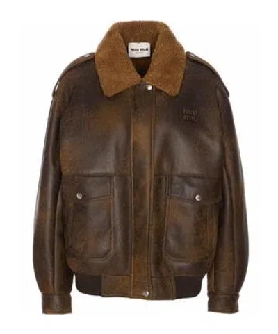 Miu Miu Long Sleeve Cotton Coat In Brown