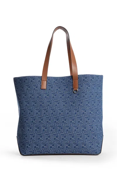 Fendi Men Blue Shopper With Long Handles And All Over Ff Motif In Cotton Man